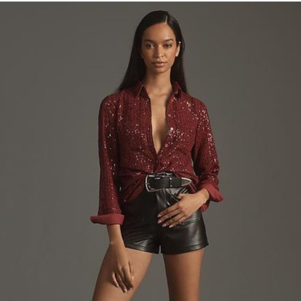 ANTHROPOLOGIE The Remie Sequin Raspberry Buttondown Shirt‎ Top Size M NWT
